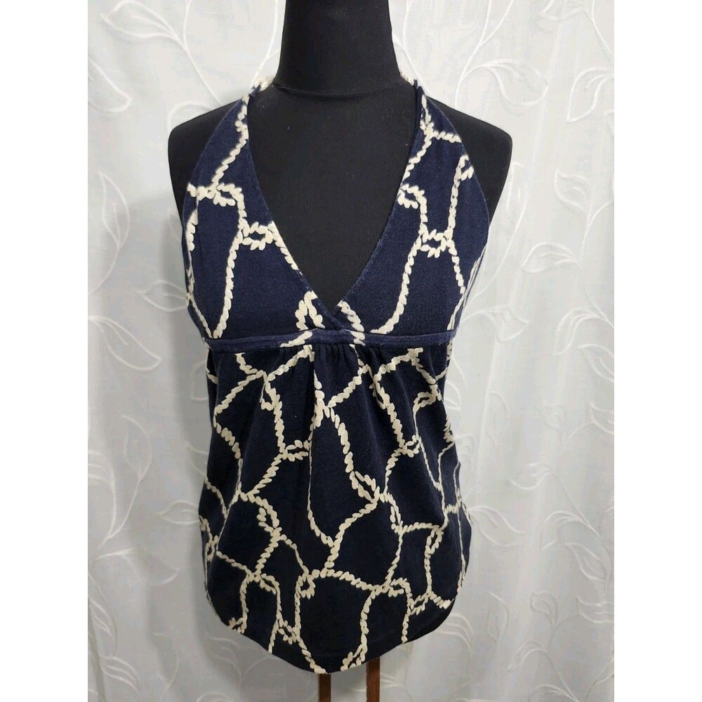 J. Crew Halter Neck Cotton Tank Top Women’s size M Blue Nautical Beach Classic